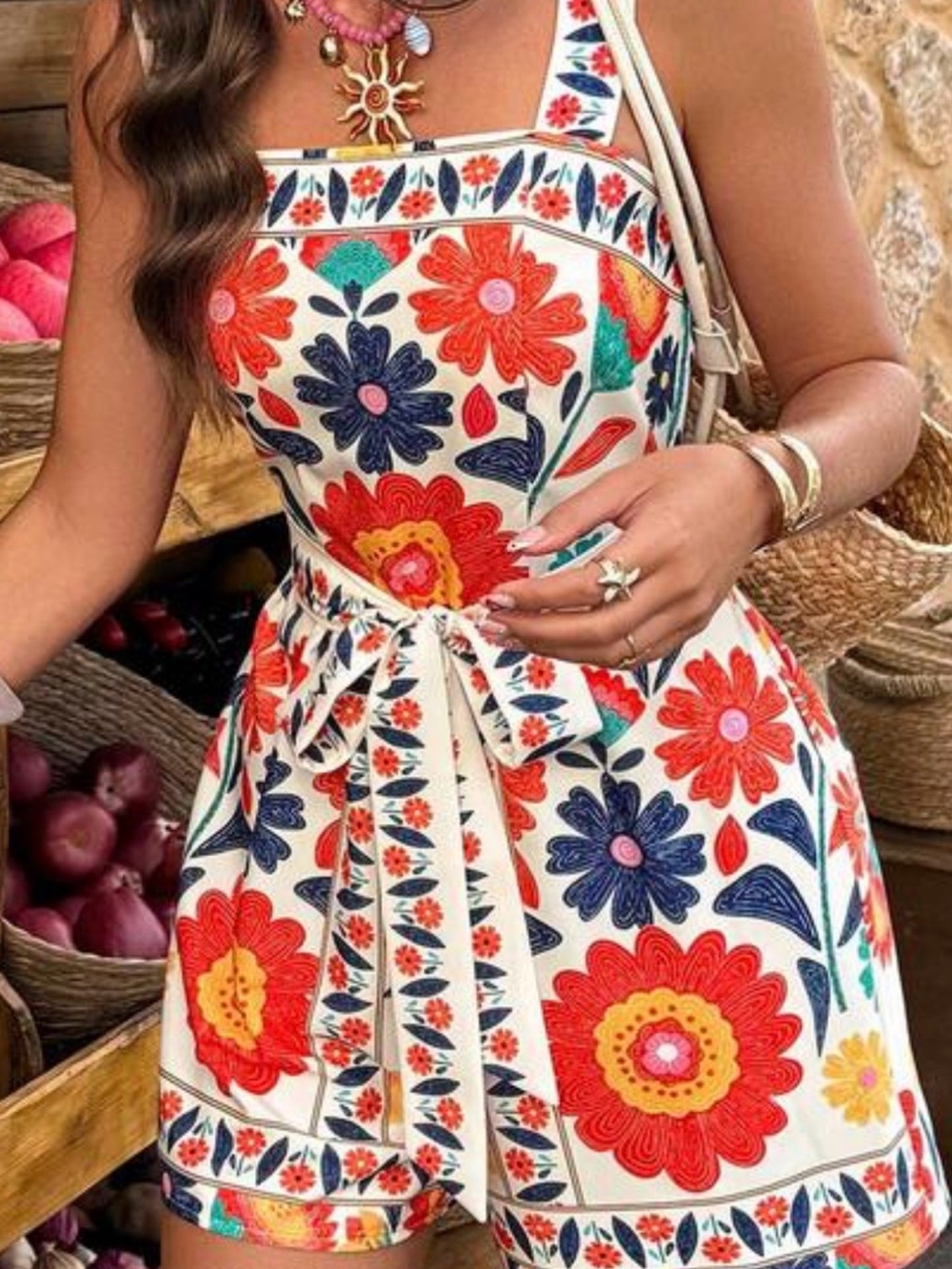 SHEIN White Floral Tie-Waist Romper with Red, Navy & Yellow Flowers